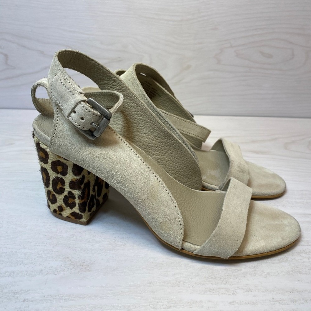 Matisse Womens 7.5 Frame Sandals Block Leopard Calf Hair Heel Beige Suede Shoe